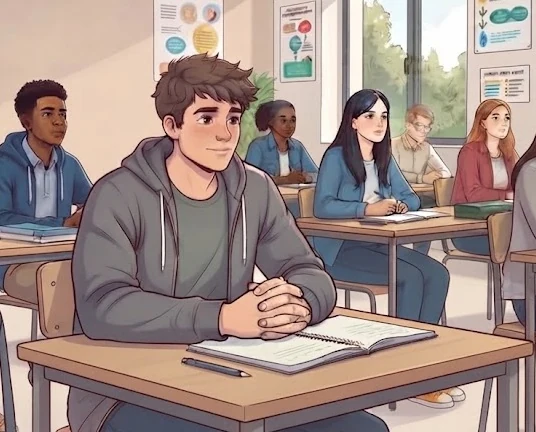 Collégienne dessinée en style manga, qui travaille en classe